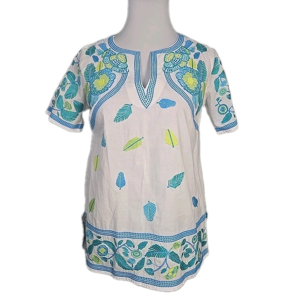 Gretchen Scott White Embroidered Short Sleeve Tunic Top Extra-Small XS